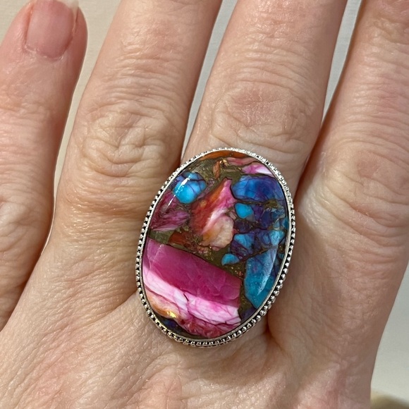 PINK DAHLIA TURQUOISE 925 SILVER OVERLAY GEMSTONE RING SIZE 10 - Picture 6 of 8